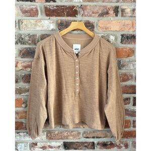 Aerie Tan Boxy Henley Long Sleeve Shirt Top, M